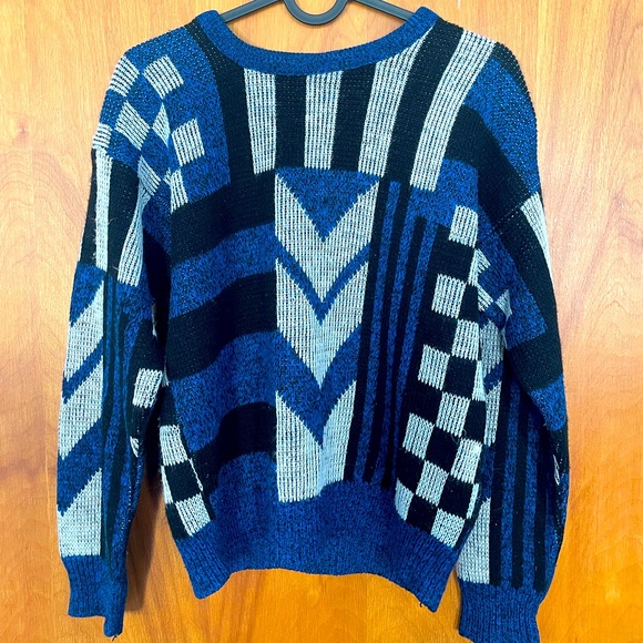 Funky retro vintage hand knit 80s sweater with checkerboard, stripes, and more! - Picture 7 of 7